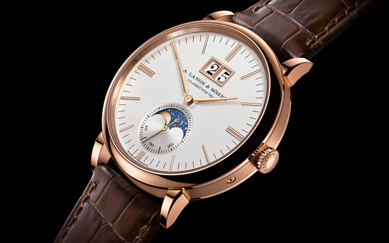 The A. Lange Sohne Saxonia Moon Phase White Dial Gold Case Brown Alligator Strap Watches of Switzerland