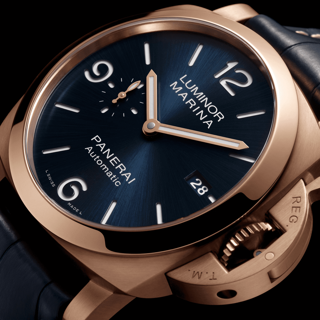 Panerai Luminor Marina Goldtech™ Sole Blu - 44mm PAM01112 Shop Panerai at Watches of Switzerland Sydney, Barangaroo, Perth Boutiques and Online.