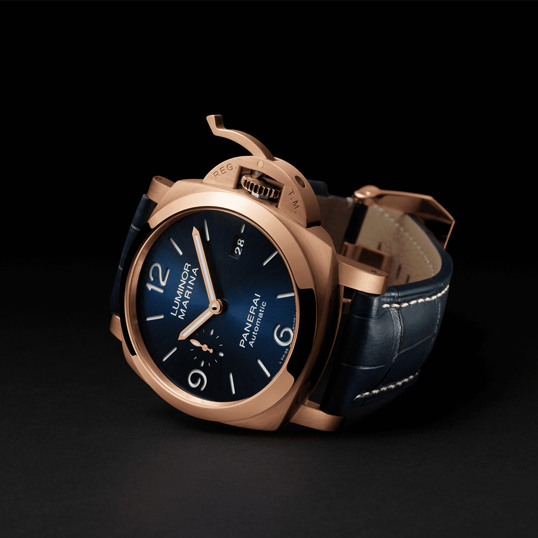 Panerai Luminor Marina Goldtech™ Sole Blu - 44mm PAM01112 Shop Panerai at Watches of Switzerland Sydney, Barangaroo, Perth Boutiques and Online.