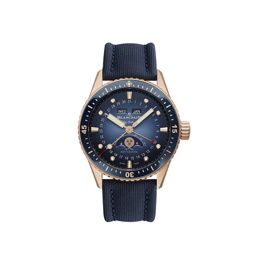 Blancpain Fifty Fathoms Bathyscaphe Quantième Complet Phases De Lune 5054-3640-O52B Shop Blancpain at Watches of Switzerland Melbourne Airport, Perth and Sydney boutiques.