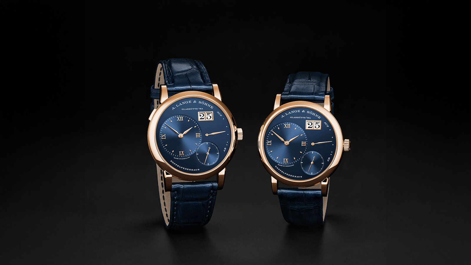 LANGE 1 and LITTLE LANGE 1 in 750 pink gold with a blue dial in 925 silver.